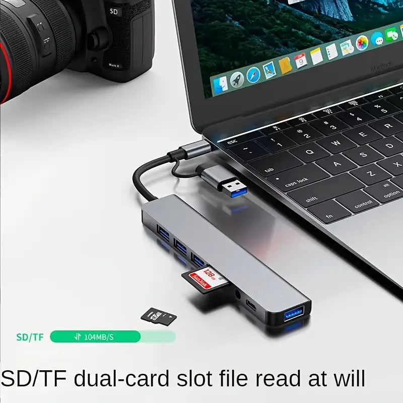 Docking Hub 20.32 cm | 2 Type-C + USB 3.0 + Card Reader (TF/SD) + 3.5mm Audio Jack